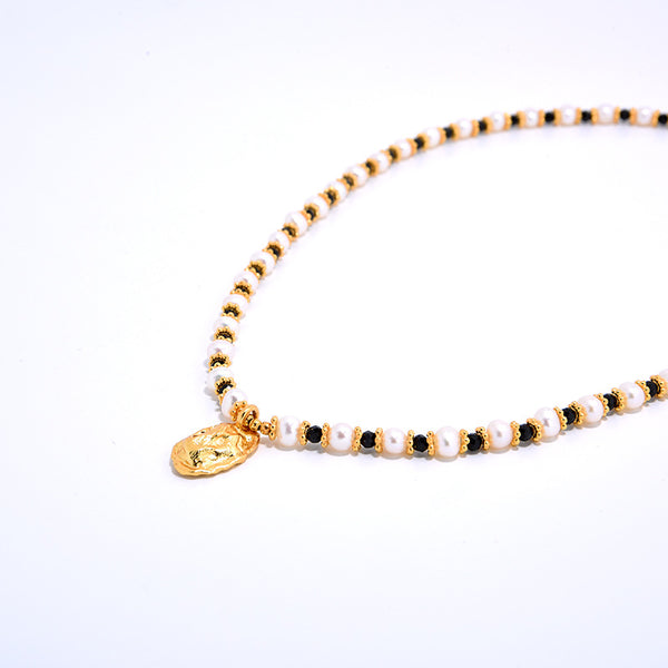 Vintage Gold Coin Pendant Pearl Beaded Necklace - Zafari Studio Jewelry